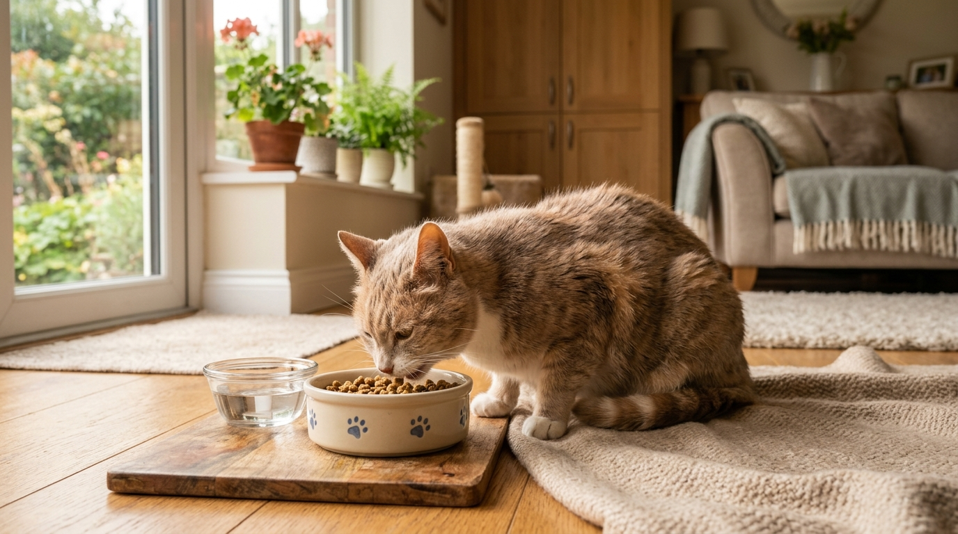 Senior cat eating from a shallow bowl of wet cat food
