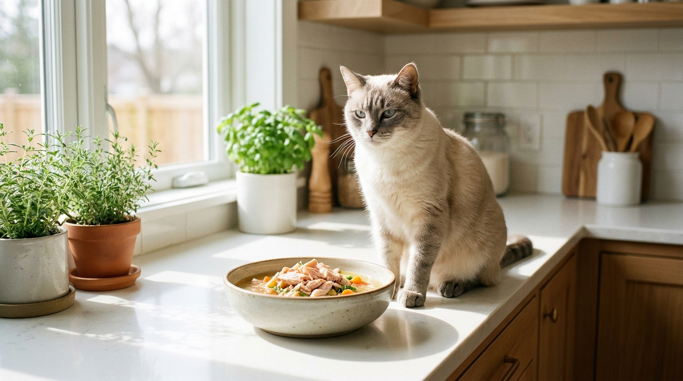Cat eating gentle sensitive-stomach food from a shallow ceramic bowl