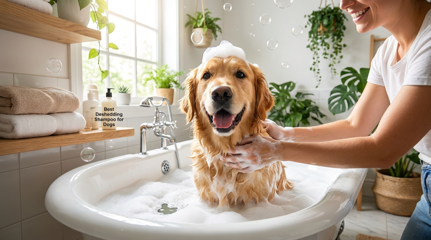 Dog being bathed with deshedding shampoo, loose fur washing away