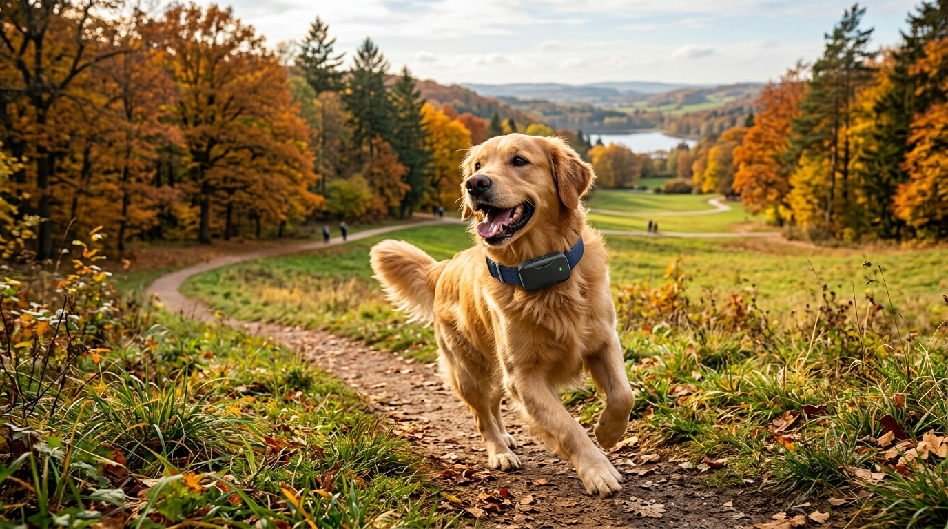 Dog wearing a no-subscription GPS tracker on its collar outdoors