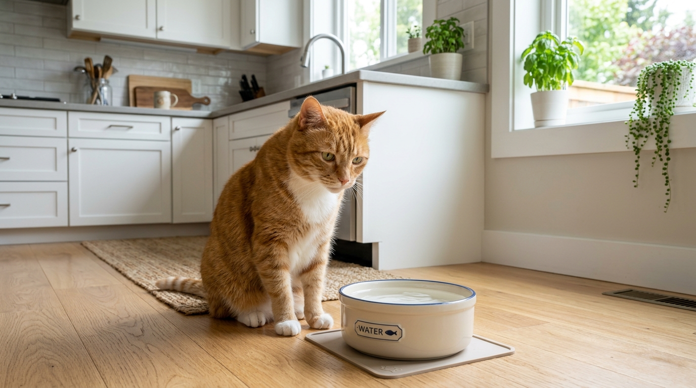Cat sniffing a water bowl but refusing to drink from it